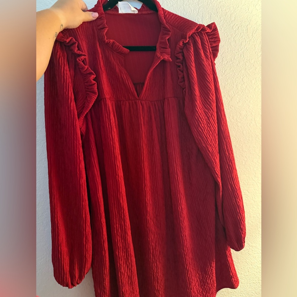 Impressions Red Ruffle Long-Sleeve Dress